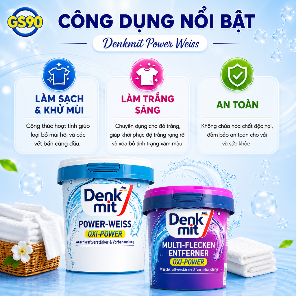 Bột Tẩy Trắng Quần Áo Denkmit Hộp 750gr, Tẩy Sạch Các Vết Bẩn Cứng Đầu Hàng Đức Chính Hãng