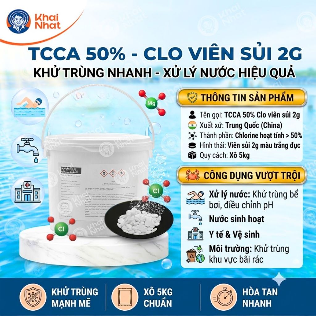 TCCA viên sủi 2g - Chlorine 50% (5kg/xô) - Xử lý nước và xử lý nước hồ bơi