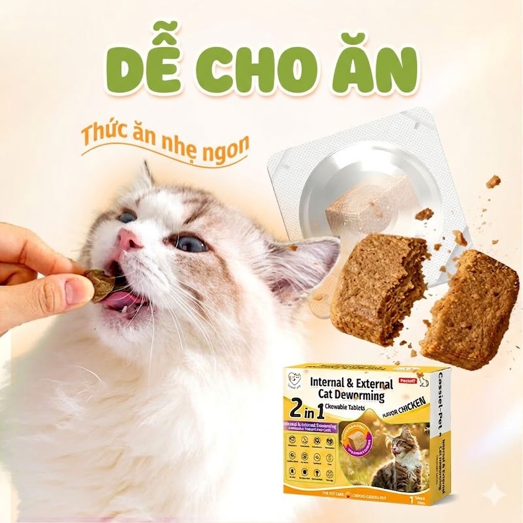 【Mua 3 Tặng 2】 Cassiel Pet Viên Nhai 2 Trong 1 - Diệt Ve Rận, Bọ Chét, Ghẻ & Tẩy Giun Sán Cho Chó Mèo