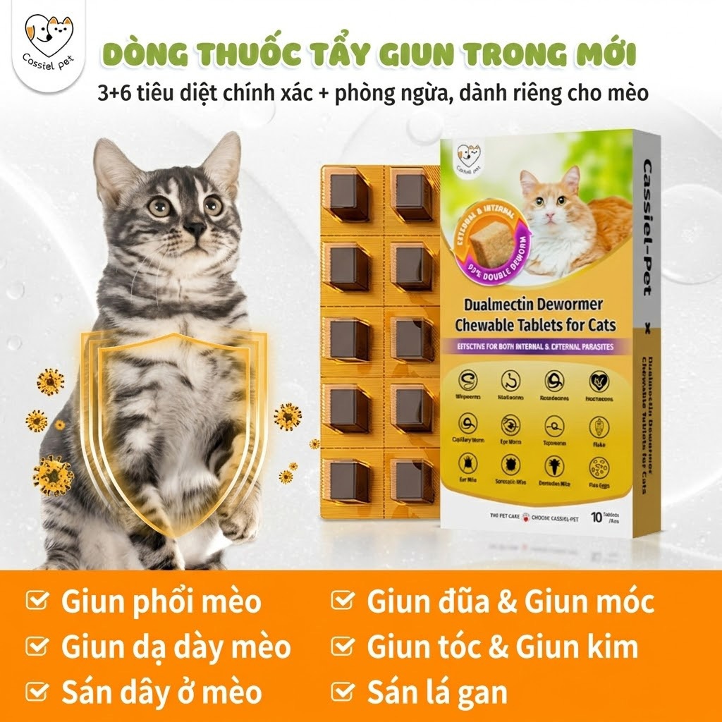 【Mua 3 Tặng 2】 Cassiel Pet Viên Nhai 2 Trong 1 - Diệt Ve Rận, Bọ Chét, Ghẻ & Tẩy Giun Sán Cho Chó Mèo