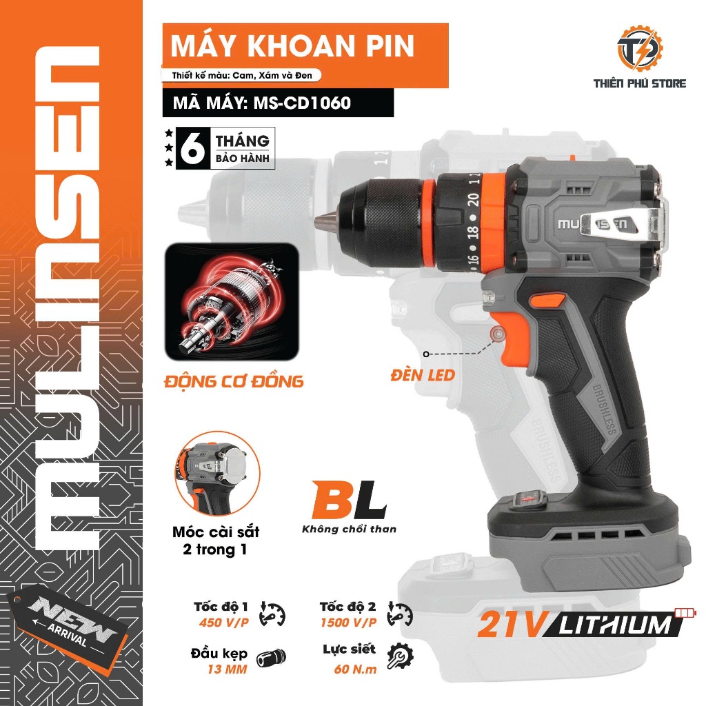 Thân Máy Khoan Pin MULINSEN MS-CD1060| Lực Siết 60Nm – Đầu Kẹp 13mm – Tốc Độ 1500v/p | Đảo Chiều – Bảo Hành 6 Tháng