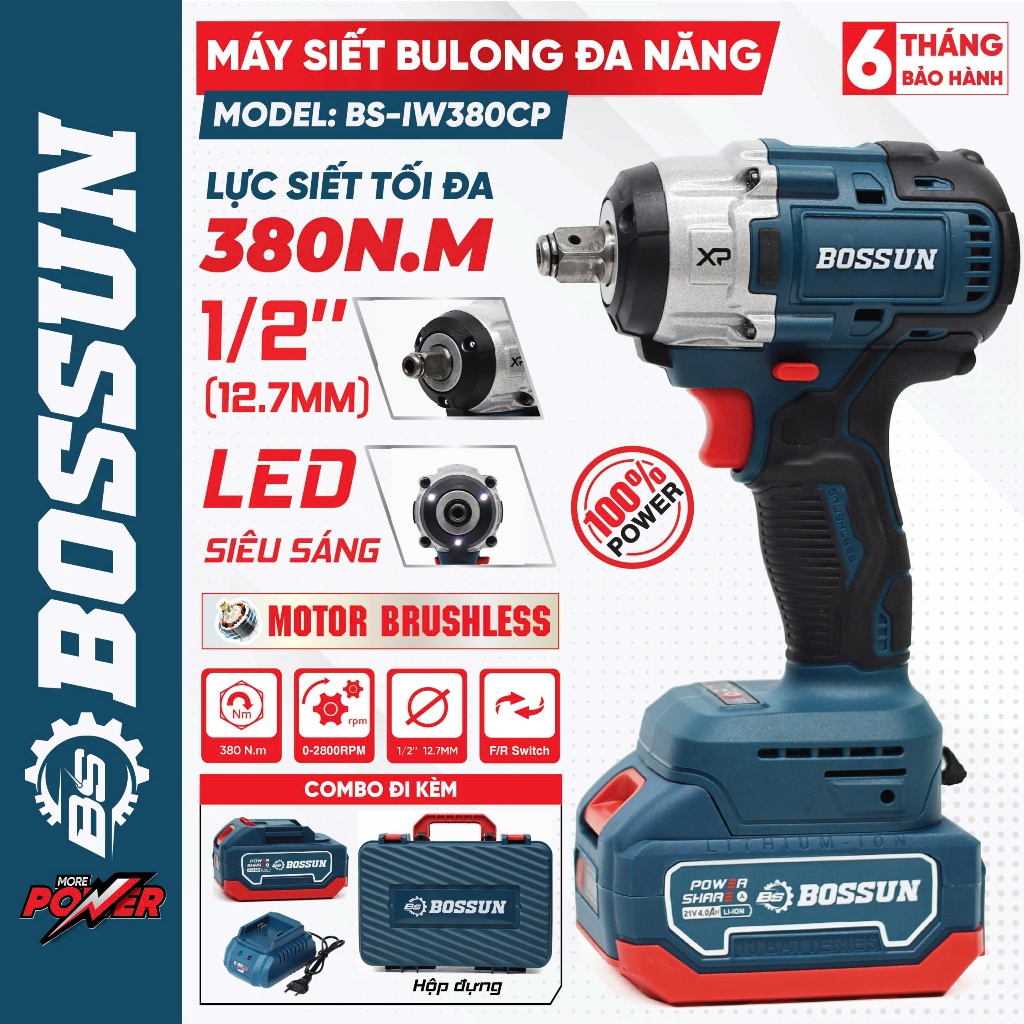 Máy siết bulong Bossun BS-IW380CP Lực siết 380Nm - Không chổi than Đầu đa năng 12,7mm