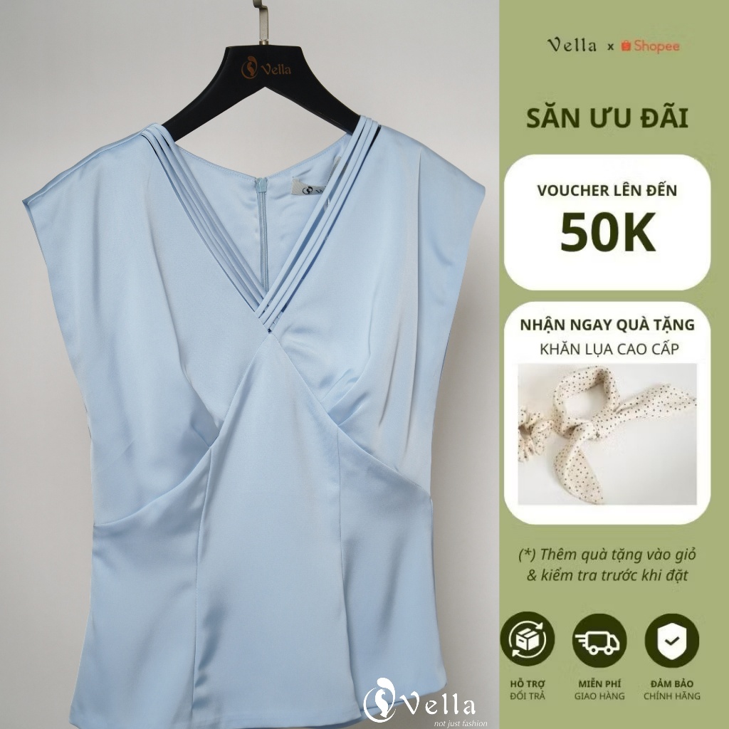 Áo sơ mi peplum & quần váy mini viền ren màu xanh blue pastel công sở, dạo phố Vella VA26003 VQ26004