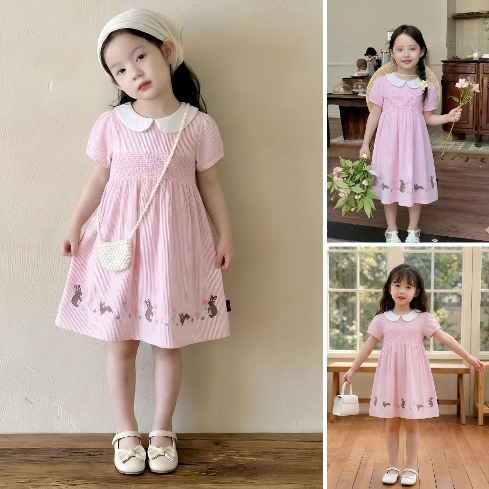 Váy Cho Bé Gái, Váy Hồng Ngọt Ngào Mặc Hàng Ngày In Họa Tiết Thỏ Chất Liệu Cotton Thoáng Mát