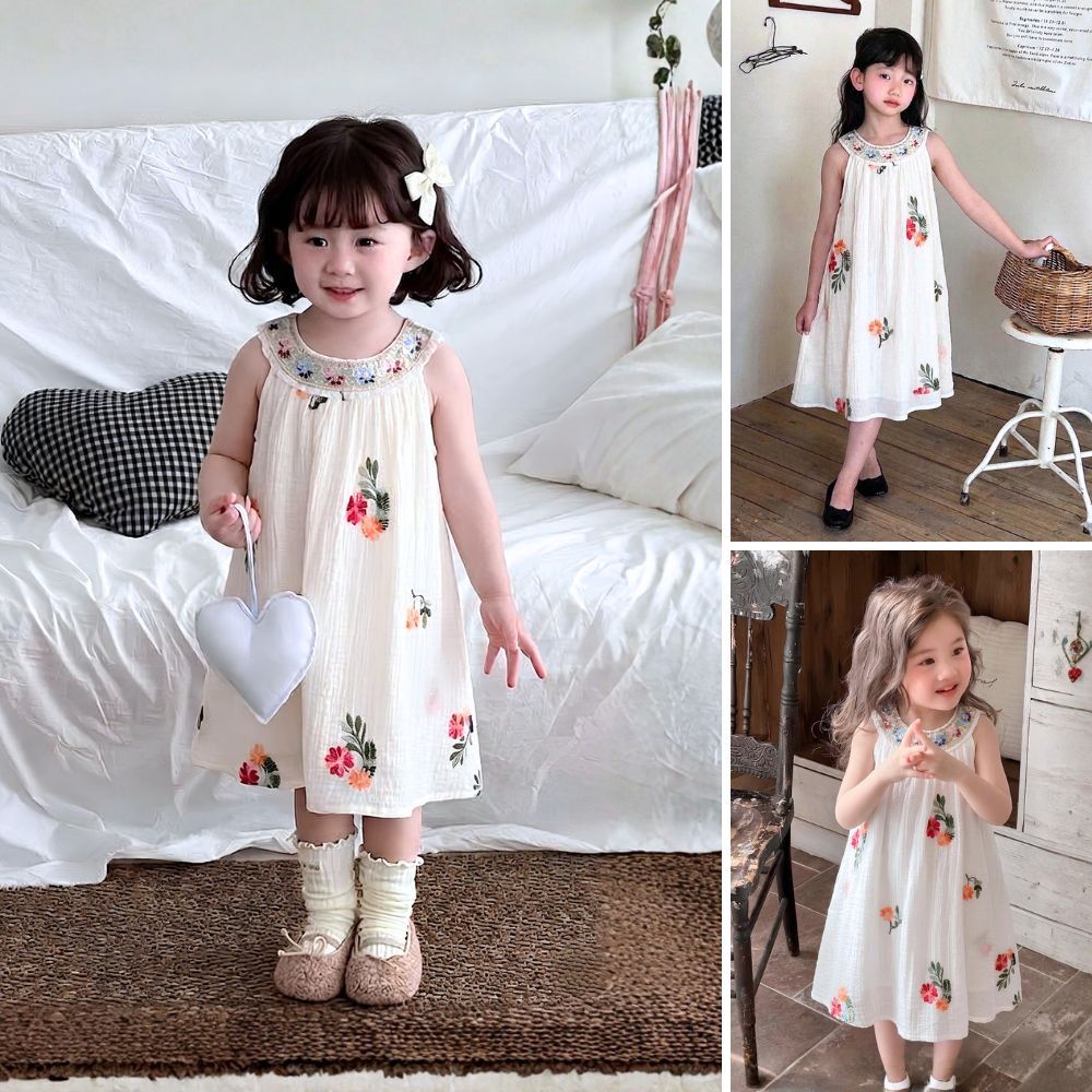 Váy Cho Bé Gái, Váy Yếm Cho Bé Gái Thêu Hoa Cổ Đính Cườm Chất Liệu Voan Mềm Mại 2 Lớp Size 9-12kg