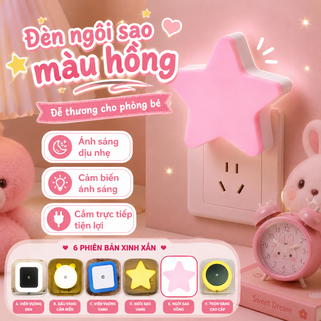Đèn Ngủ Cảm Biến Ánh Sáng Tự Động Bật Tắt 6 Mẫu Đáng Yêu Tiết Kiệm Điện - Habo Shop