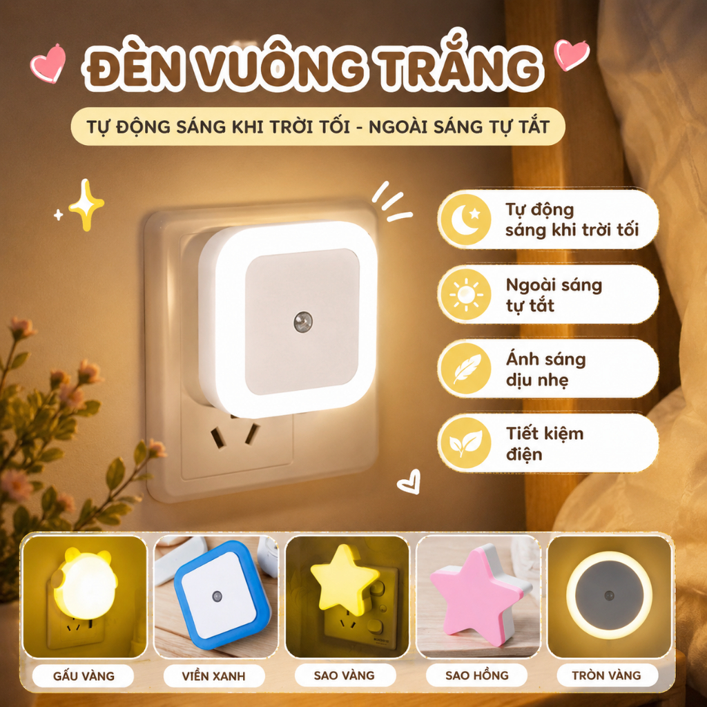 Đèn Ngủ Cảm Biến Ánh Sáng Tự Động Bật Tắt 6 Mẫu Đáng Yêu Tiết Kiệm Điện - Habo Shop