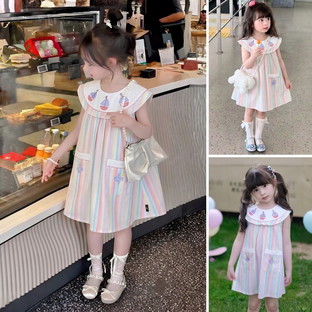 Váy Cho Bé Gái, Váy Cho Bé Gái Hania Kids Váy Suông Chữ A Thiết Kế Kẻ Sọc Màu Sắc Cổ Bèo Dễ Thương