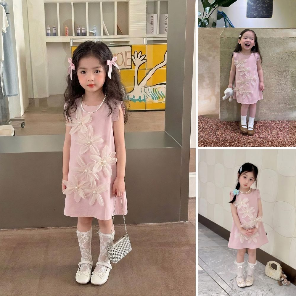 Váy Cho Bé Gái, Váy Sát Nách Thiết Kế Tiểu Thư Họa Tiết Hoa Nổi 3D Sang Chảnh Chất Liệu Cotton