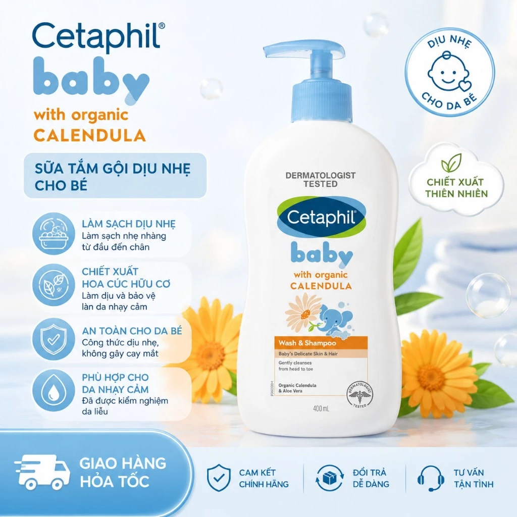 Sữa tắm gội Cetaphil Baby Calendula 400ml dịu lành cho bé