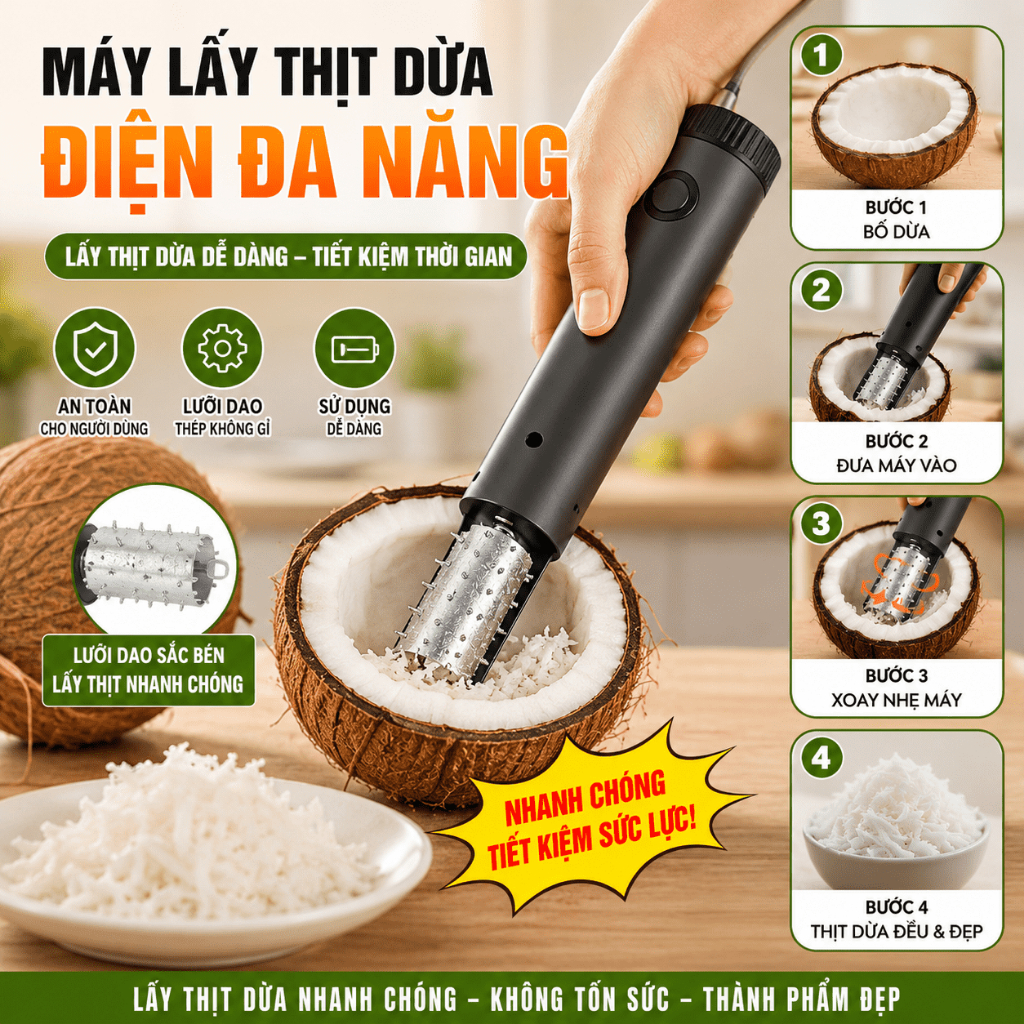 Máy Lấy Thịt Dừa Điện Cầm Tay | Dao Bào Dừa Đa Năng | Nạo Rau Quả Tiện Lợi | Tiết Kiệm Thời Gian Và Công Sức