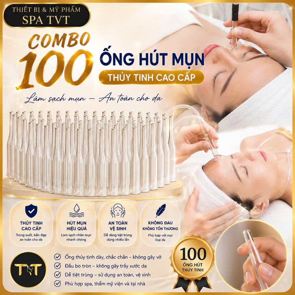 Combo 100 Ống Hút Mụn Thủy Tinh & 100 Ống Nhựa Hút Máu Bầm, Hỗ Trợ Làm Sạch Bã Nhờn, Chăm Sóc Da