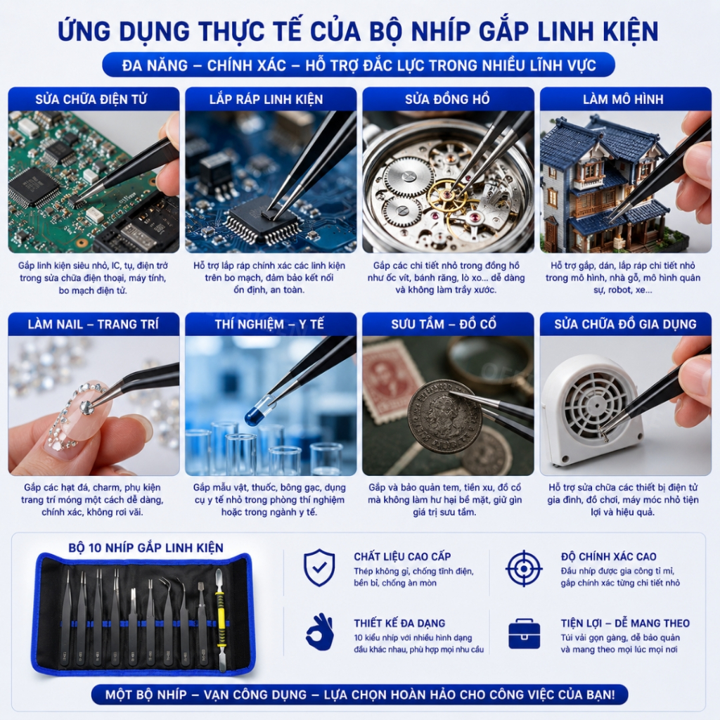 Nhíp gắp linh kiện điện tử bộ gồm 10 nhíp chống tĩnh điện ilinhkien