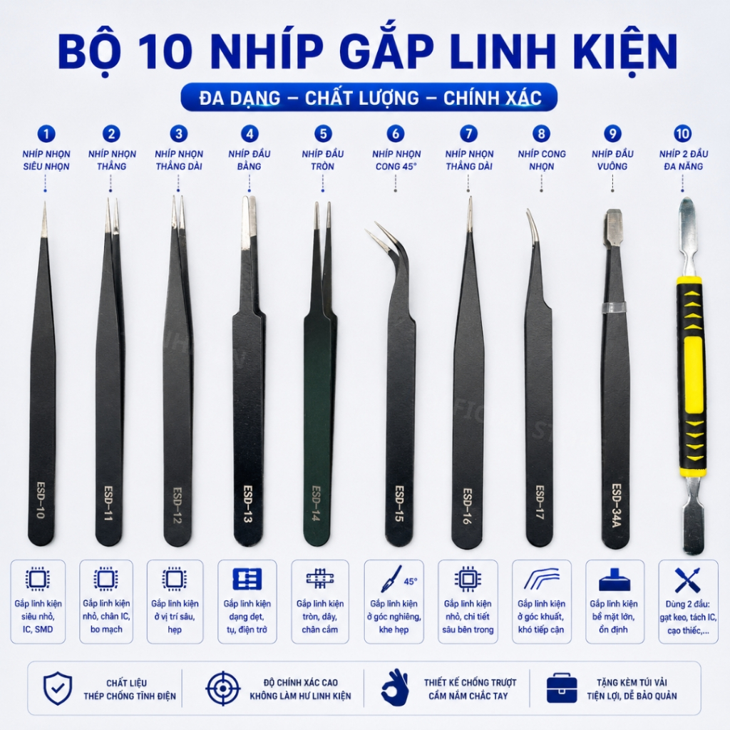 Nhíp gắp linh kiện điện tử bộ gồm 10 nhíp chống tĩnh điện ilinhkien