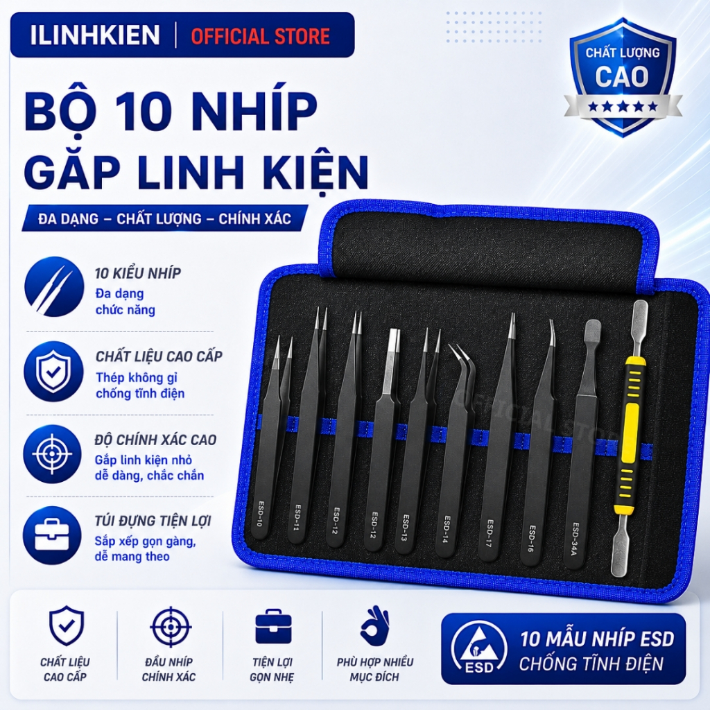 Nhíp gắp linh kiện điện tử bộ gồm 10 nhíp chống tĩnh điện ilinhkien