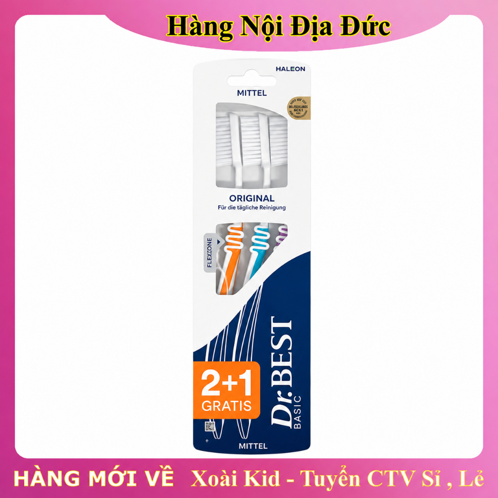 Bàn chải đánh răng người lớn Dr Best vỉ 3 cái(màu)- Hàng Đức