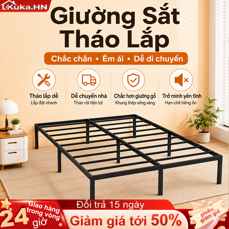 Giường sắt tháo lắp khung thép dày chắc chắn KUKA ít tiếng ồn màu đen nhiều size cho phòng trọ