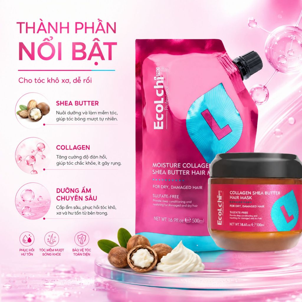 Túi Kem Ủ Tóc ECOLCHI Shea Butter 500ml | Dưỡng Tóc Mềm Mượt, Bóng Khỏe Chuẩn Salon