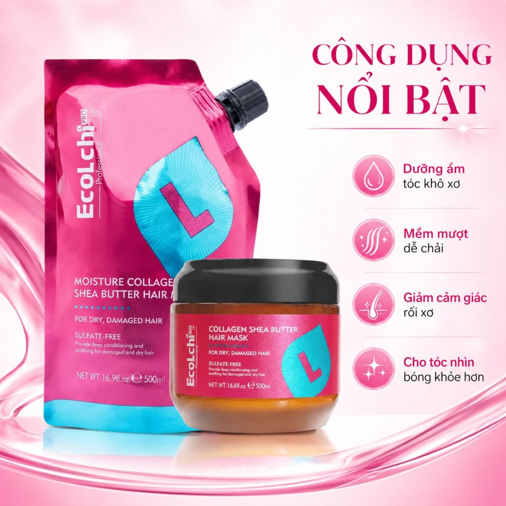 Túi Kem Ủ Tóc ECOLCHI Shea Butter 500ml | Dưỡng Tóc Mềm Mượt, Bóng Khỏe Chuẩn Salon