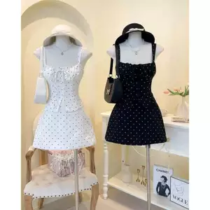 SET ÁO 2 DÂY CỘT NƠ PHỐI CHÂN VÁY TÚI NGANG CHẤM BI TIM, SET ĐỒ NỮ TIỂU THƯ DỄ THƯƠNG | MEOINDAHOUSE