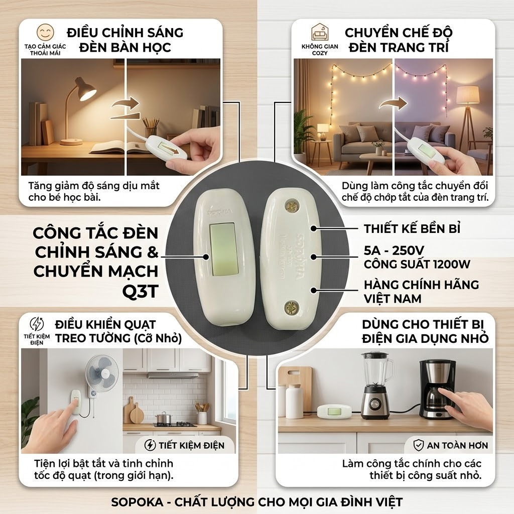 Công tắc quả nhót, công tắc dây đèn SOPOKA NDQ-3 5A 250V dạ quang phản quang