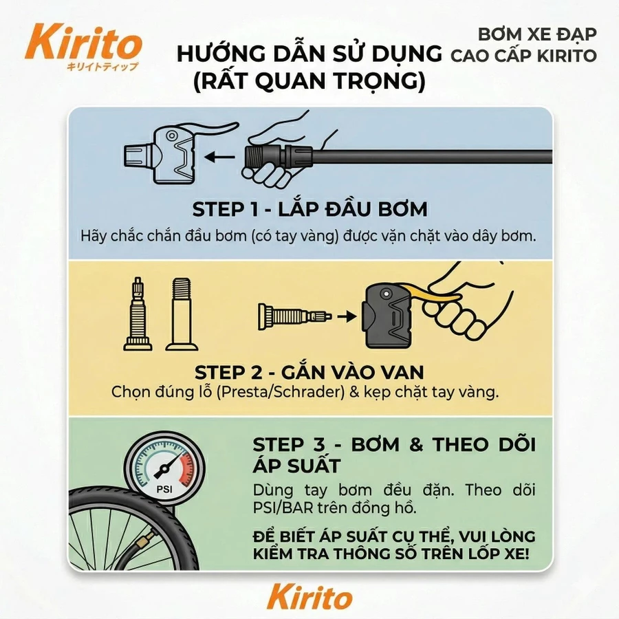 Bơm đạp chân KIRITO 2 ống và 3 ống có đồng hồ áp suất