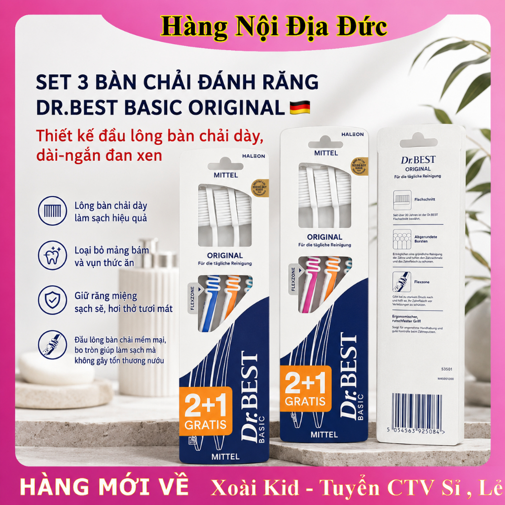 Bàn chải đánh răng người lớn Dr Best vỉ 3 cái(màu)- Hàng Đức