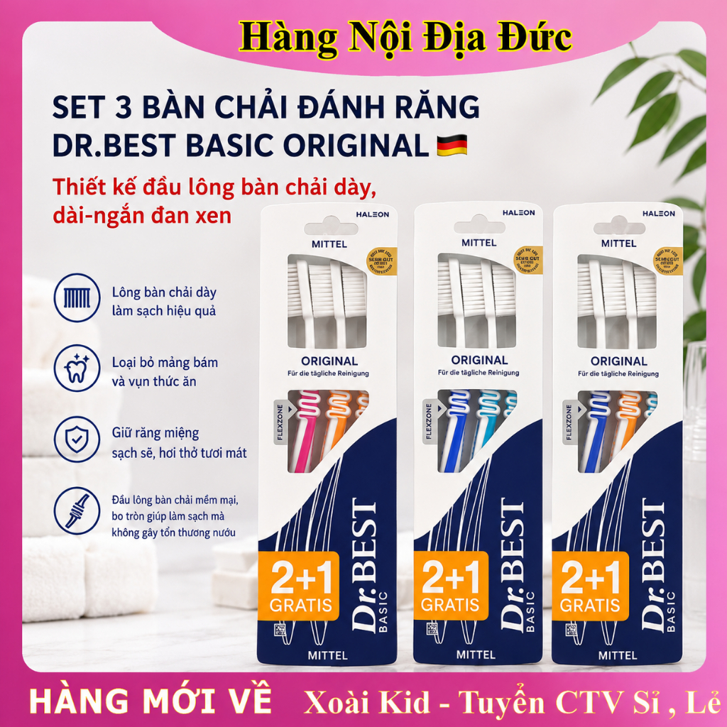 Bàn chải đánh răng người lớn Dr Best vỉ 3 cái(màu)- Hàng Đức