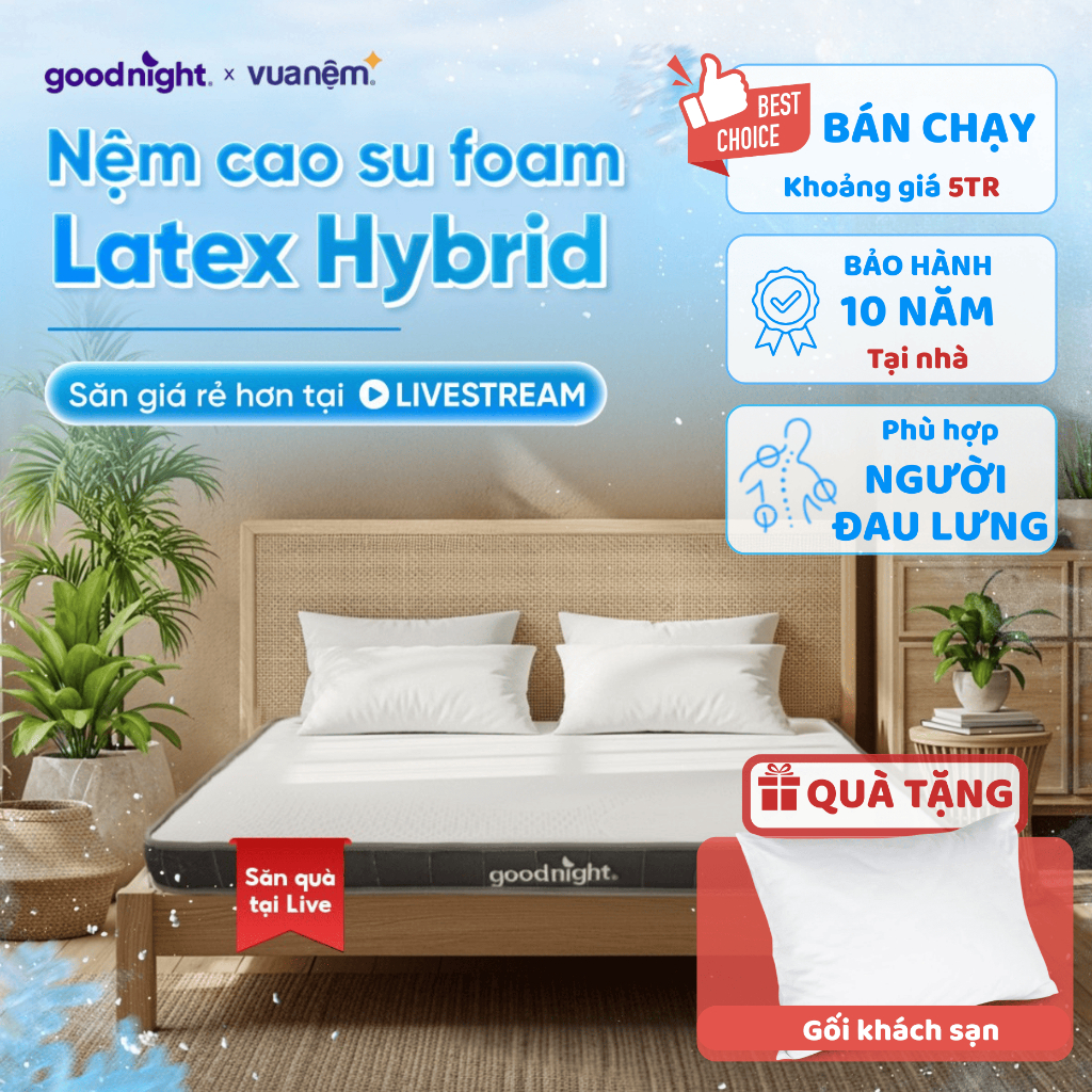 [SĂN GỐI TẠI LIVE] Nệm Cao Su Foam Vua Nệm Goodnight Latex Hybrid 10cm, Đệm Cao Su Thiên Nhiên, Nệm cao su đa tầng
