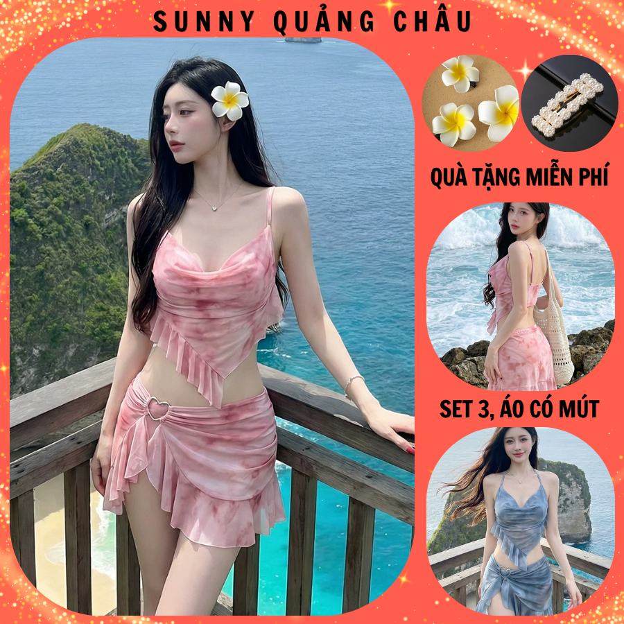 Đồ Bơi Nữ 3 Chi Tiết Loang Màu Hồng Xanh  Set Bikini Hai Mảnh Kèm Váy Xòe Ruffle Cổ Đổ LOANG HỒNG XANH KHUYÊN TRÁI TIM