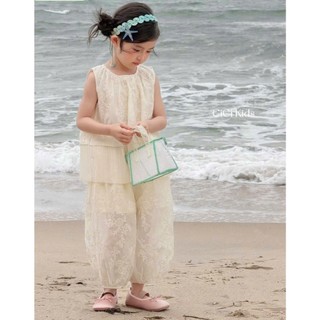 [B&G] Sét bộ thêu hoa áo sát nách kèm quần dài bo chun cho bé gái đi biển đi chơi