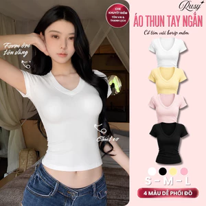 Áo Thun Nữ RUSY Cổ Tim Tay Ngắn Vải Borip Mềm Mịn Co Giãn 4 Chiều Ôm Body Basic Hot Trend TN05