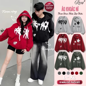 Áo Khoác Hoodie Zip Nỉ Boxy Form Rộng Khóa Kéo 2 Chiều In Chữ Nổi Three Stars Nón 2 Lớp Đi Học Đi Chơi AK01 RUSY
