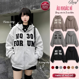 Áo Khoác Nỉ Boxy Dáng Lửng Chất Nỉ Dày Dặn Thêu Chữ, Nón To 2 Nút Bấm Form Rộng Basic Năng Động Chống Nắng  RUSY