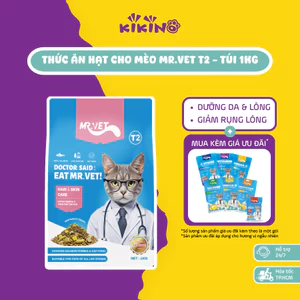 Hạt Cho Mèo Mr.Vet T2 Túi 1kg - Bổ Sung Omega 3, Chăm Da Dưỡng Lông, Topping Thịt Sấy