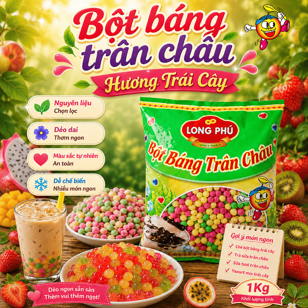 Bột Báng Trân Châu Hương Trái Cây 3 Màu Long Phú gói 1kg - Topping, Nguyên Liệu Trà Sữa, Chè.