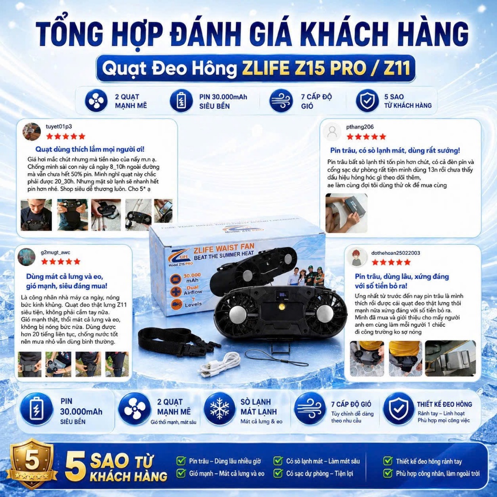 Quạt Đeo Thắt Lưng SÒ LẠNH 30000 mAh Z15 PRO Chính Hãng, Quạt Kẹp Lưng Quần Đeo Cổ Pin Trâu Mát Lạnh