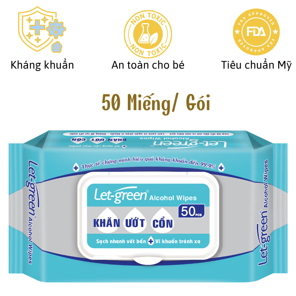 Khăn ướt cồn diệt khuẩn 99,9% LET GREEN gói 50 miếng sát khuẩn đa năng cho gia đình