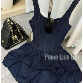 Váy Jean Hai Dây Dáng Bí Ngô Cao Cấp, Đầm Denim Tôn Eo Phồng Xòe Hot Trend Hàn Quốc (Sẵn)