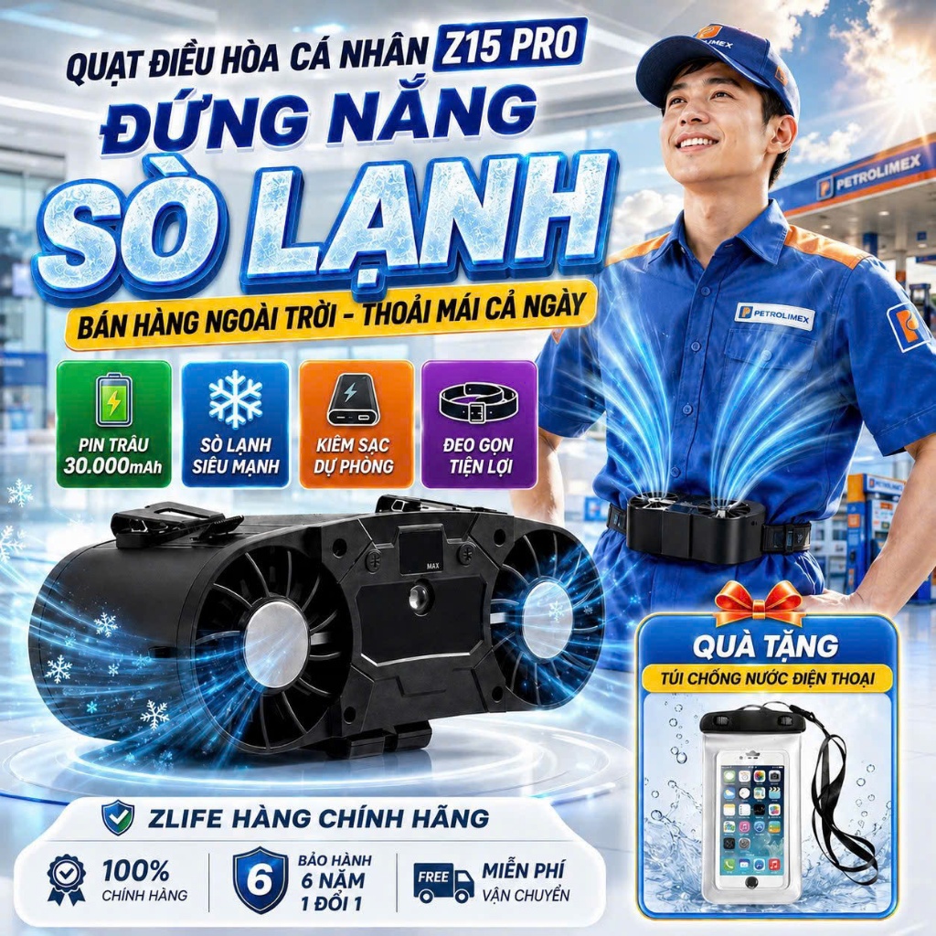 Quạt Đeo Thắt Lưng SÒ LẠNH 30000 mAh Z15 PRO Chính Hãng, Quạt Kẹp Lưng Quần Đeo Cổ Pin Trâu Mát Lạnh