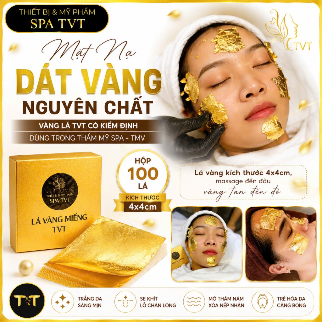 VÀNG LÁ TVT , VÀNG DÙNG TRONG THẨM MỸ CÓ GIẤY KIỂM ĐỊNH HỘP 100 LÁ(VÀNG TAN HẾT KHI LÀM)