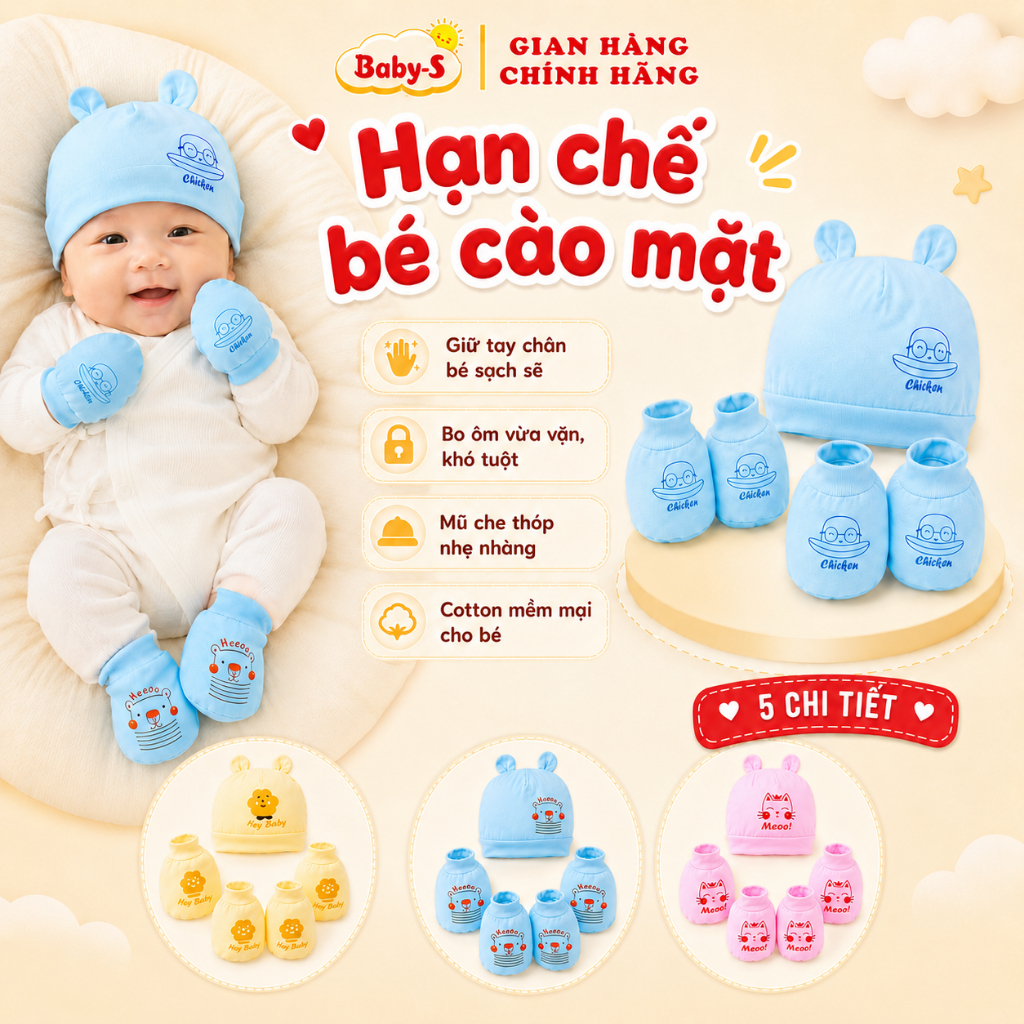 Set Bao Tay Bao Chân Mũ Sơ Sinh 5 Chi Tiết Nhiều Màu Chất Cotton Cao Cấp Baby-S – SSS037