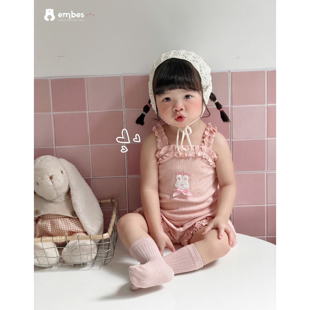 Bộ Hai Dây Cộc Cho Bé Embes, Combo 2 Bộ Hai Dây Chất Cotton Mềm Mại Cho Bé Gái Size Từ 8-18kg