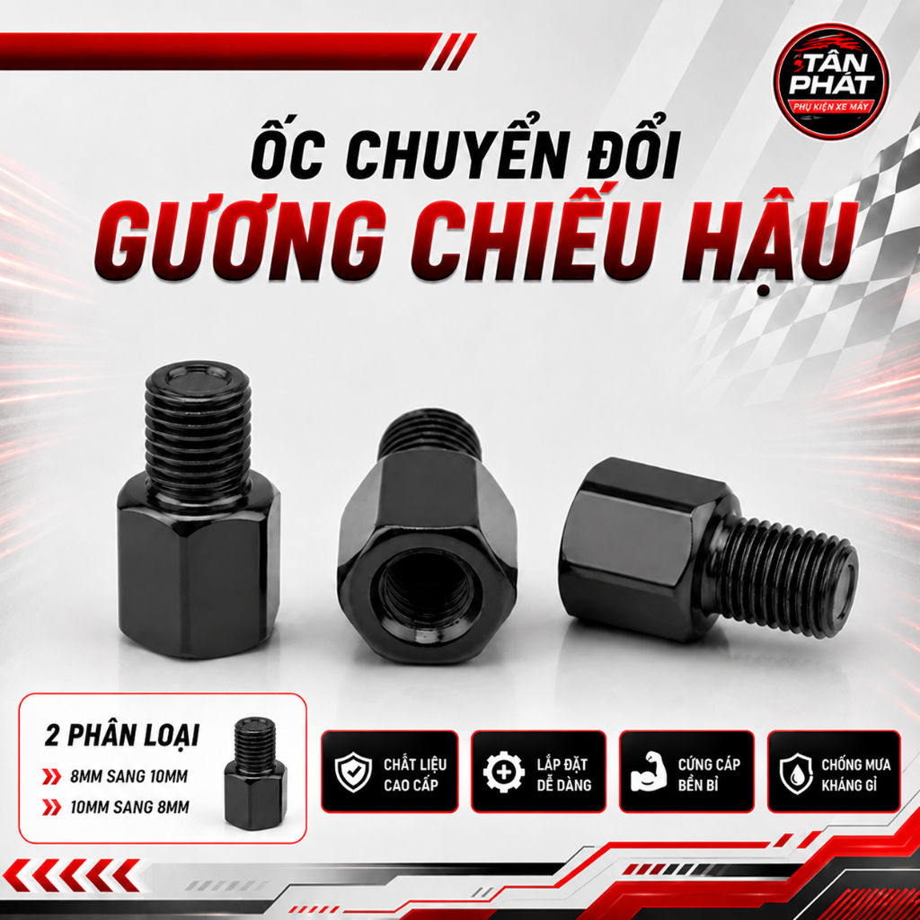 Phụ Kiện Gắn Gương Chiếu Hậu Xe Máy, Ốc Chuyển Ren Chân Gương Màu Đen, Có Bán Lẻ