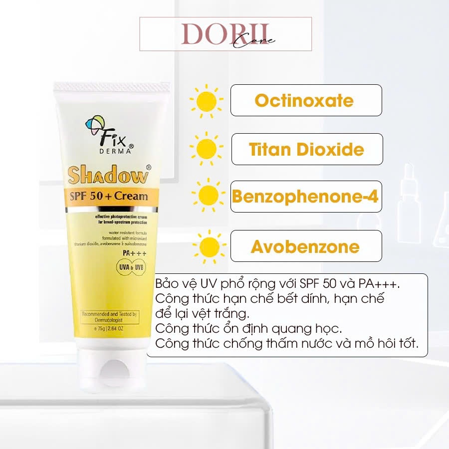 (Date 5/2027) Kem Chống Nắng Fixderma Nâng Tone & Bảo Vệ Da Da Mặt Shadow SPF 50+ Cream 75g