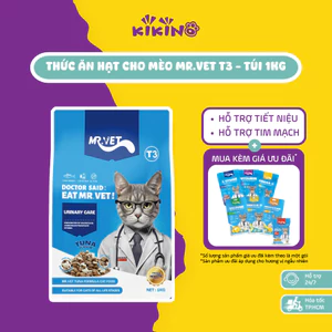 Hạt Cho Mèo Mr.Vet T3 Túi 1kg - Cho Mèo Mọi Lứa Tuổi, Hỗ Trợ Tiết Niệu, Topping Thịt Sấy