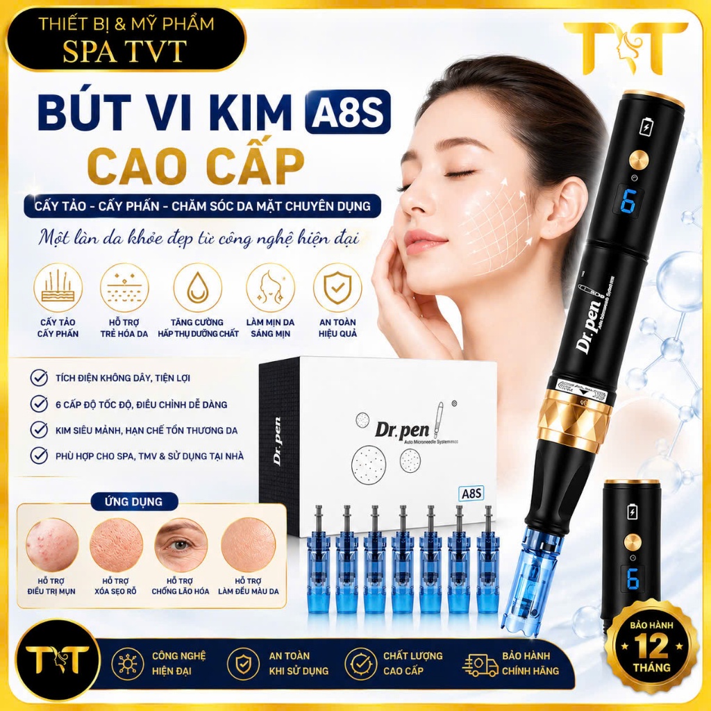 Máy Phi Kim Tích Điện A8S, Hỗ Trợ Giảm Sẹo Rỗ, Mờ Thâm, Tái Tạo Da, Kích Thích Collagen, Trẻ Hóa Da
