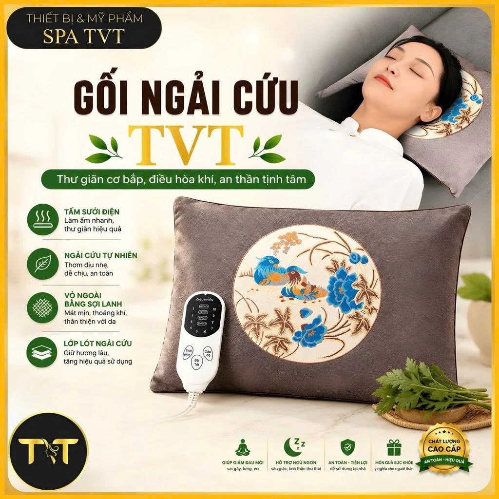 GỐI NGẢI CỨU NÂU TVT, GỐI NGẢI CỨU TVT TRI ÂN, GỐI CHƯỜM NÓNG CỔ VAI GÁY, THƯ GIÃN NGỦ NGON
