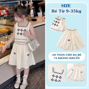 Đồ Bộ Bé Gái, Sét Bộ Bé Gái Áo 2 Dây Kèm Váy Xòe Hoạ Tiết Thêu Nổi Chất Liệu Cotton Mềm