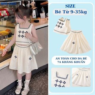 Đồ Bộ Bé Gái, Sét Bộ Bé Gái Áo 2 Dây Kèm Váy Xòe Hoạ Tiết Thêu Nổi Chất Liệu Cotton Mềm